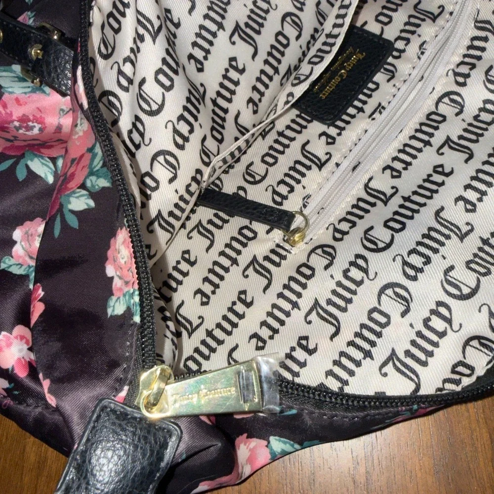 Juicy Couture Y2K  Black Floral Print Tote Bag Gold Logo Quilted Faux Leather